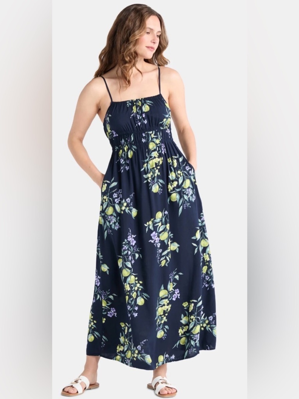 Lemon Floral Maxi Dress Navy Cottagecore Smocked Sundress M NWT